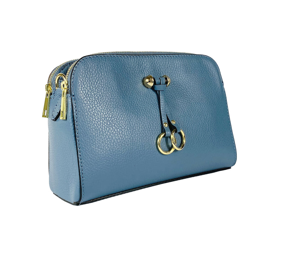 RB1011P | Women's shoulder bag in genuine leather Made in Italy. Removable shoulder strap. Attachments with shiny gold metal snap hooks - Avio color - Dimensions: 25 x 17 x 10 cm