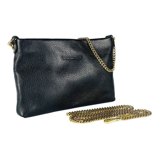 RB1012A | Flat Shoulder Bag for Women in Genuine Leather Made in Italy with handle and removable metal shoulder strap. Attachments with shiny gold snap hooks - Black color - Dimensions: 26 x 17 x 5 cm