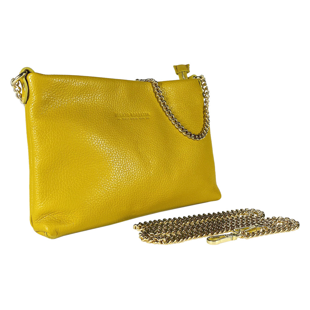 RB1012AR | Flat Shoulder Bag for Women in Genuine Leather Made in Italy with handle and removable metal shoulder strap. Attachments with shiny gold snap hooks - Mustard color - Dimensions: 26 x 17 x 5 cm