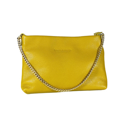 RB1012AR | Flat Shoulder Bag for Women in Genuine Leather Made in Italy with handle and removable metal shoulder strap. Attachments with shiny gold snap hooks - Mustard color - Dimensions: 26 x 17 x 5 cm