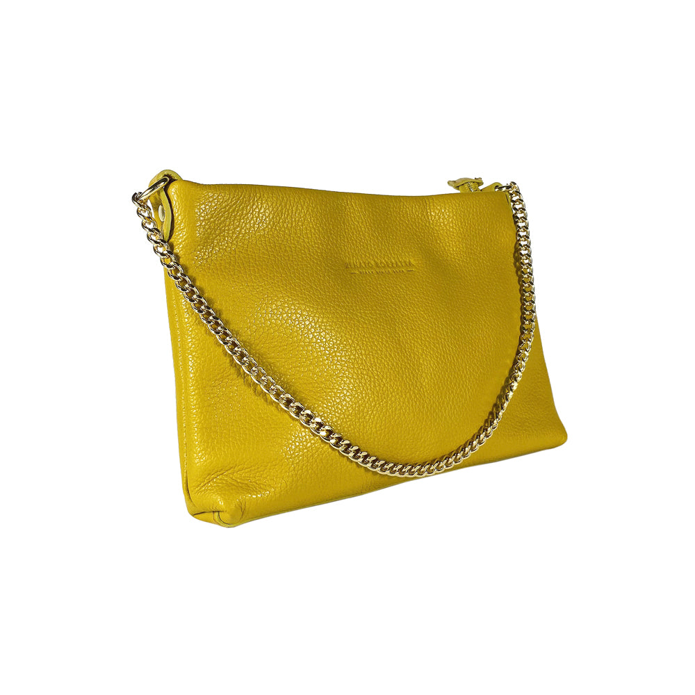 RB1012AR | Flat Shoulder Bag for Women in Genuine Leather Made in Italy with handle and removable metal shoulder strap. Attachments with shiny gold snap hooks - Mustard color - Dimensions: 26 x 17 x 5 cm