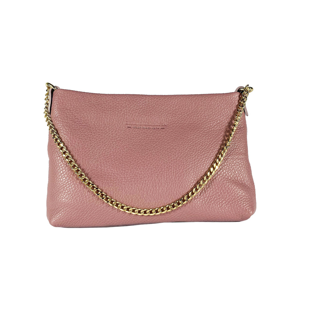 RB1012AZ | Flat Shoulder Bag for Women in Genuine Leather Made in Italy with handle and removable metal shoulder strap. Attachments with shiny gold snap hooks - Antique pink color - Dimensions: 26 x 17 x 5 cm