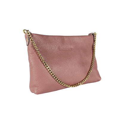 RB1012AZ | Flat Shoulder Bag for Women in Genuine Leather Made in Italy with handle and removable metal shoulder strap. Attachments with shiny gold snap hooks - Antique pink color - Dimensions: 26 x 17 x 5 cm