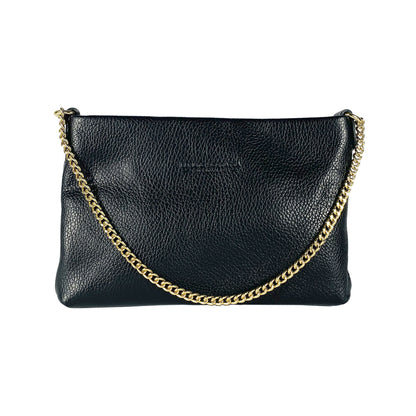 RB1012A | Flat Shoulder Bag for Women in Genuine Leather Made in Italy with handle and removable metal shoulder strap. Attachments with shiny gold snap hooks - Black color - Dimensions: 26 x 17 x 5 cm