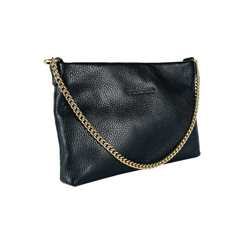 RB1012A | Flat Shoulder Bag for Women in Genuine Leather Made in Italy with handle and removable metal shoulder strap. Attachments with shiny gold snap hooks - Black color - Dimensions: 26 x 17 x 5 cm