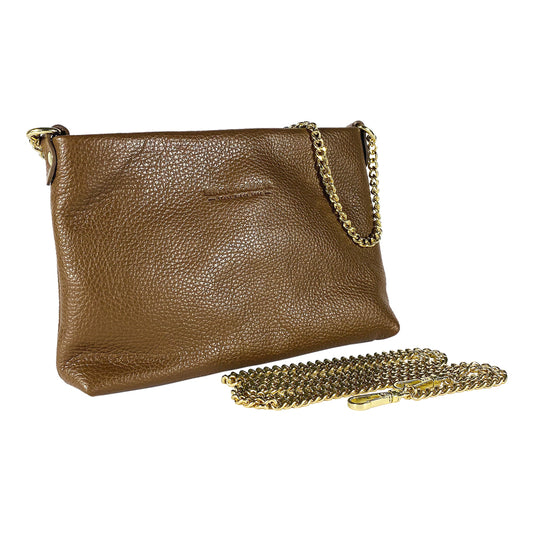 RB1012CK | Flat Shoulder Bag for Women in Genuine Leather Made in Italy with handle and removable metal shoulder strap. Attachments with shiny gold snap hooks - Caramel color - Dimensions: 26 x 17 x 5 cm