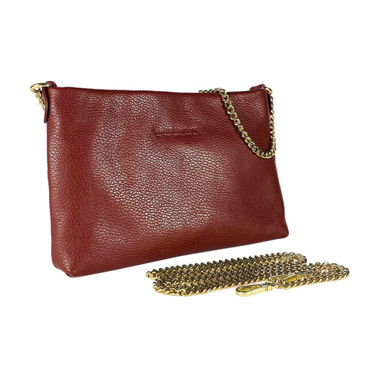 RB1012X | Flat Shoulder Bag for Women in Genuine Leather Made in Italy with handle and removable metal shoulder strap. Attachments with shiny gold snap hooks - Bordeaux color - Dimensions: 26 x 17 x 5 cm