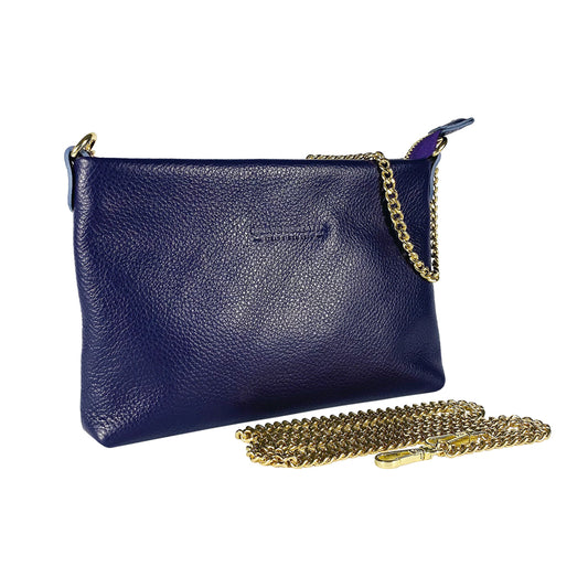 RB1012Y | Flat Shoulder Bag for Women in Genuine Leather Made in Italy with handle and removable metal shoulder strap. Attachments with shiny gold snap hooks - Purple color - Dimensions: 26 x 17 x 5 cm