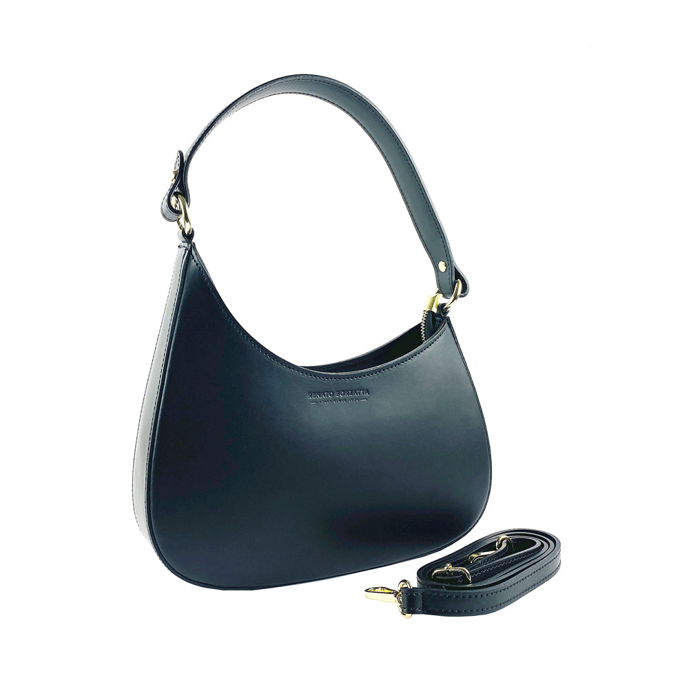 RB1013A | Women's shoulder bag and removable shoulder strap in Genuine Leather Made in Italy. Attachments with shiny gold metal snap hooks - Black color - Dimensions: 28 x 6 x 25 + 12 cm (handle)