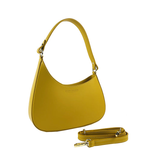 RB1013AR | Women's shoulder bag and removable shoulder strap in Genuine Leather Made in Italy. Attachments with shiny gold metal snap hooks - Mustard color - Dimensions: 28 x 6 x 25 + 12 cm (handle)