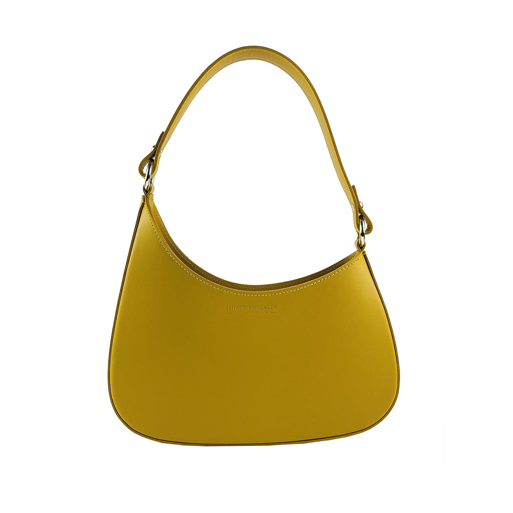 RB1013AR | Women's shoulder bag and removable shoulder strap in Genuine Leather Made in Italy. Attachments with shiny gold metal snap hooks - Mustard color - Dimensions: 28 x 6 x 25 + 12 cm (handle)