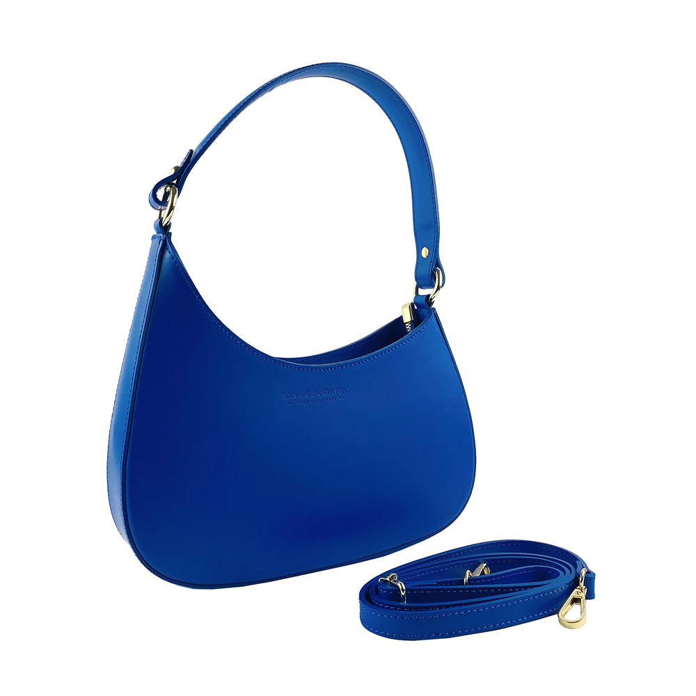 RB1013CH | Women's shoulder bag and removable shoulder strap in Genuine Leather Made in Italy. Attachments with shiny gold metal snap hooks - Royal blue color - Dimensions: 28 x 6 x 25 + 12 cm (handle)