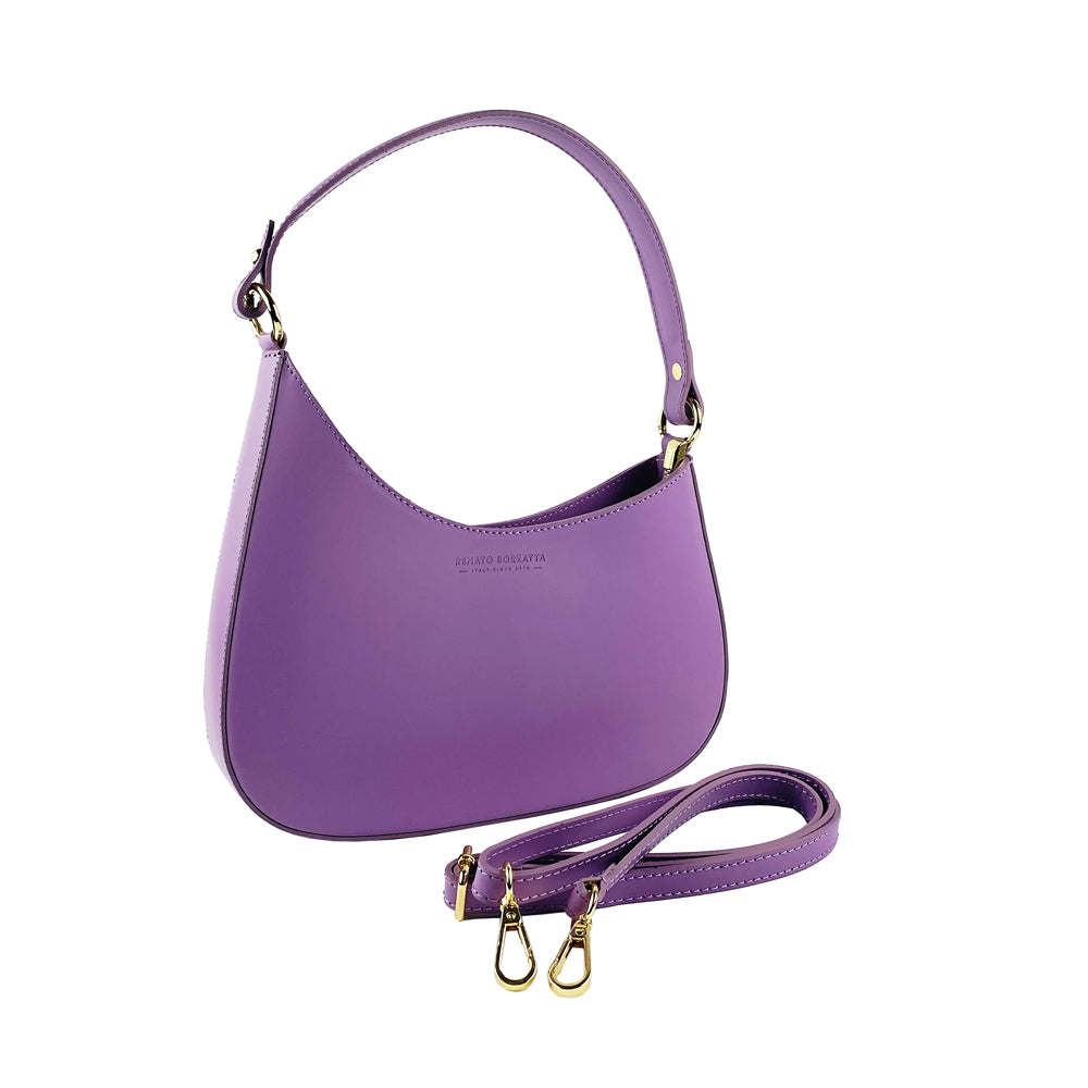 RB1013CI | Women's shoulder bag and removable shoulder strap in Genuine Leather Made in Italy. Attachments with shiny gold metal snap hooks - Lilac color - Dimensions: 28 x 6 x 25 + 12 cm (handle)