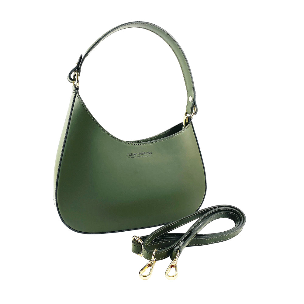 RB1013E | Women's shoulder bag and removable shoulder strap in Genuine Leather Made in Italy. Attachments with shiny gold metal snap hooks - Green color - Dimensions: 28 x 6 x 25 + 12 cm (handle)