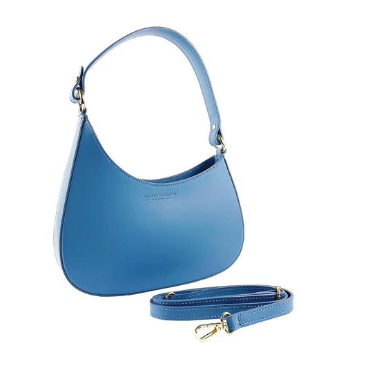 RB1013P | Women's shoulder bag and removable shoulder strap in Genuine Leather Made in Italy. Attachments with shiny gold metal snap hooks - Avio color - Dimensions: 28 x 6 x 25 + 12 cm (handle)