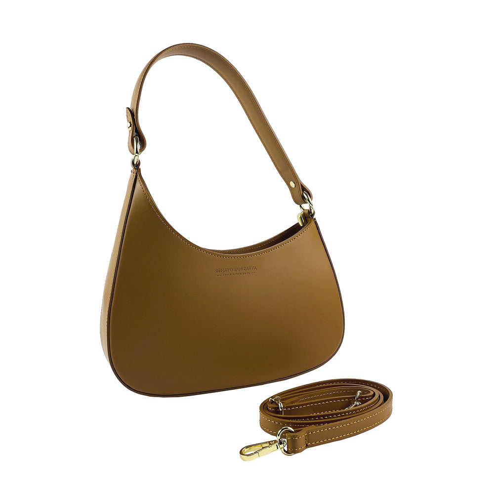 RB1013S | Women's shoulder bag and removable shoulder strap in Genuine Leather Made in Italy. Attachments with shiny gold metal snap hooks - Cognac color - Dimensions: 28 x 6 x 25 + 12 cm (handle)