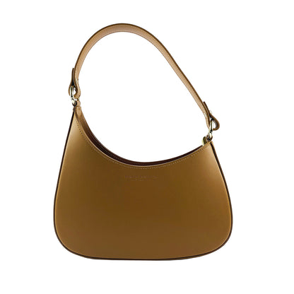 RB1013S | Women's shoulder bag and removable shoulder strap in Genuine Leather Made in Italy. Attachments with shiny gold metal snap hooks - Cognac color - Dimensions: 28 x 6 x 25 + 12 cm (handle)