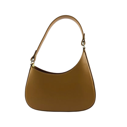 RB1013S | Women's shoulder bag and removable shoulder strap in Genuine Leather Made in Italy. Attachments with shiny gold metal snap hooks - Cognac color - Dimensions: 28 x 6 x 25 + 12 cm (handle)