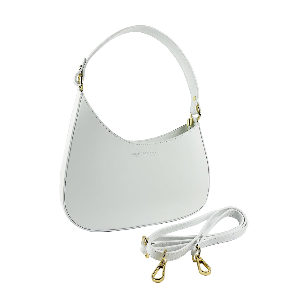 RB1013W | Women's shoulder bag and removable shoulder strap in Genuine Leather Made in Italy. Attachments with shiny gold metal snap hooks - White color - Dimensions: 28 x 6 x 25 + 12 cm (handle)