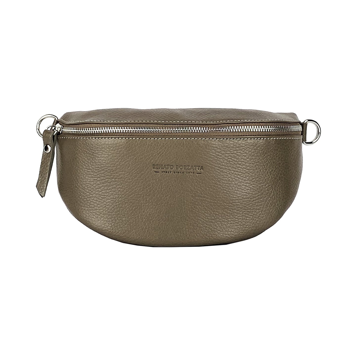 RB1015AQ | Waist bag with removable shoulder strap in Genuine Leather Made in Italy. Attachments with shiny nickel metal snap hooks - Taupe color - Dimensions: 24 x 14 x 7