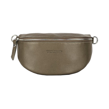 RB1015AQ | Waist bag with removable shoulder strap in Genuine Leather Made in Italy. Attachments with shiny nickel metal snap hooks - Taupe color - Dimensions: 24 x 14 x 7