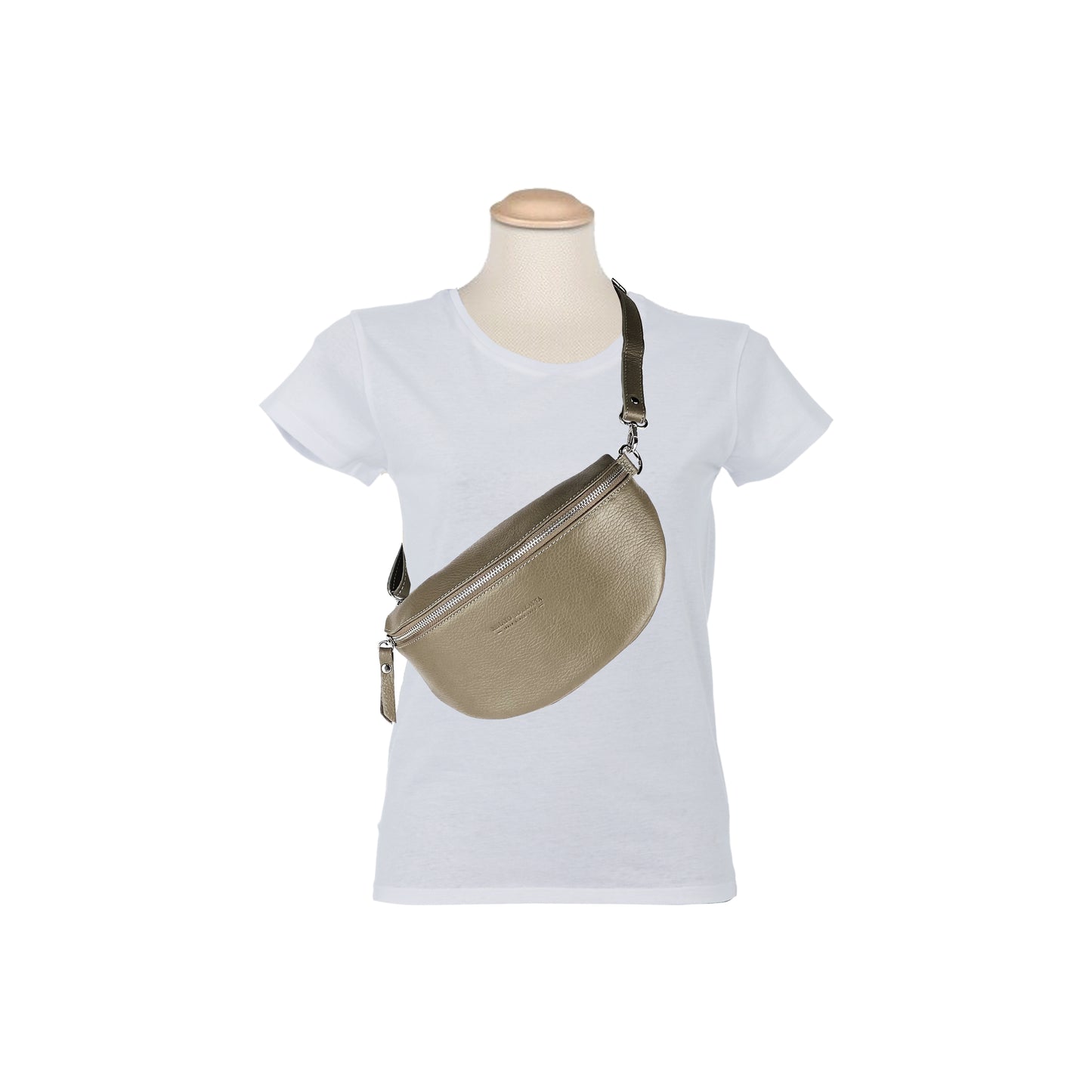 RB1015AQ | Waist bag with removable shoulder strap in Genuine Leather Made in Italy. Attachments with shiny nickel metal snap hooks - Taupe color - Dimensions: 24 x 14 x 7