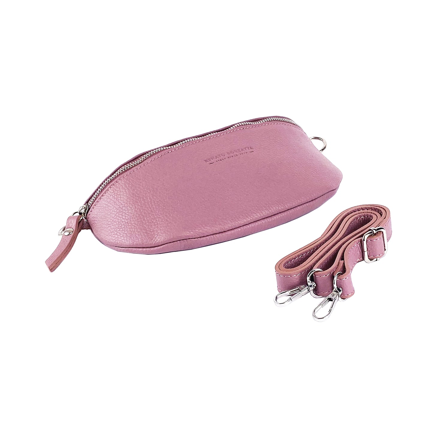 RB1015AZ | Waist bag with removable shoulder strap in Genuine Leather Made in Italy. Attachments with shiny nickel metal snap hooks - Antique pink color - Dimensions: 24 x 14 x 7