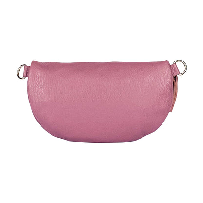 RB1015AZ | Waist bag with removable shoulder strap in Genuine Leather Made in Italy. Attachments with shiny nickel metal snap hooks - Antique pink color - Dimensions: 24 x 14 x 7