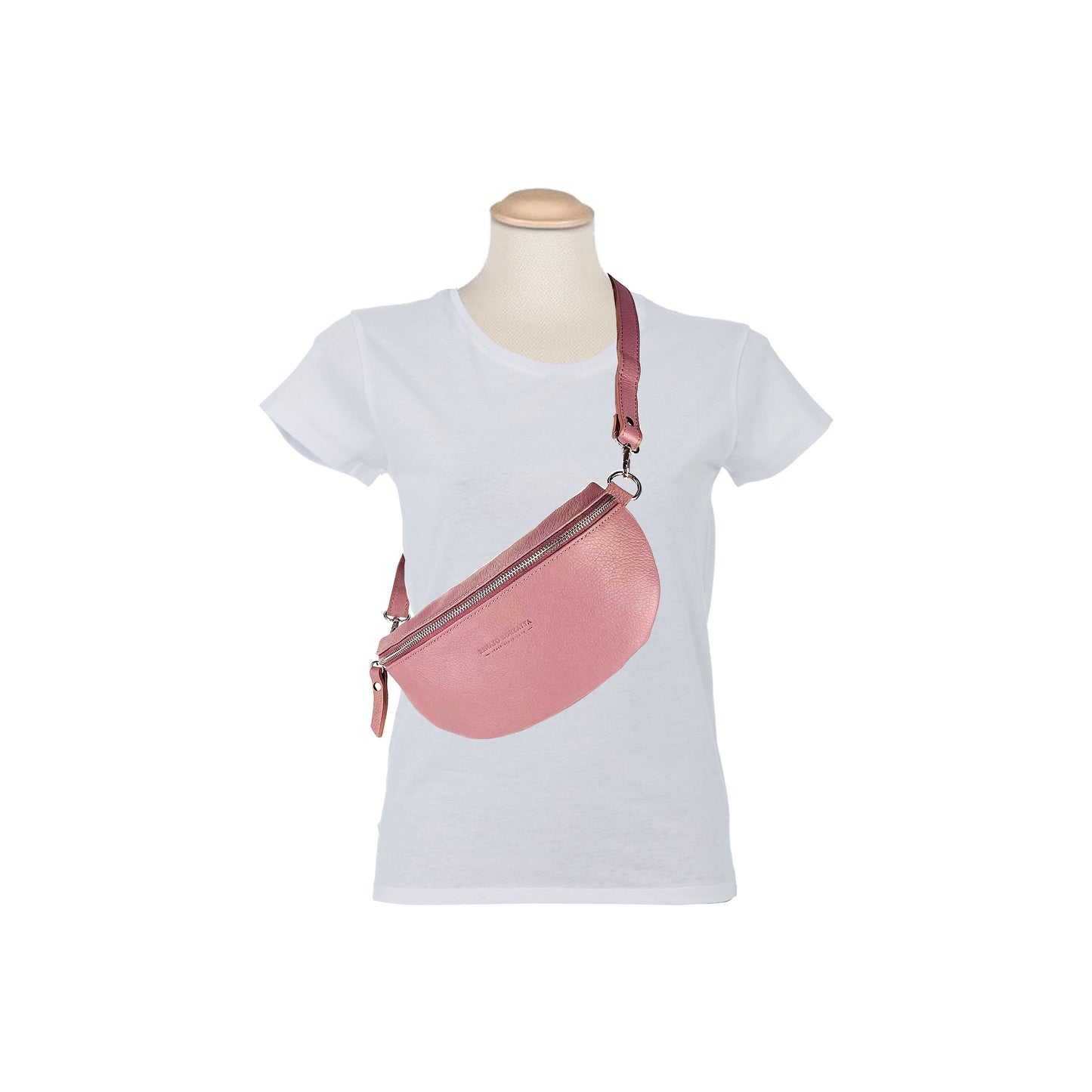 RB1015AZ | Waist bag with removable shoulder strap in Genuine Leather Made in Italy. Attachments with shiny nickel metal snap hooks - Antique pink color - Dimensions: 24 x 14 x 7