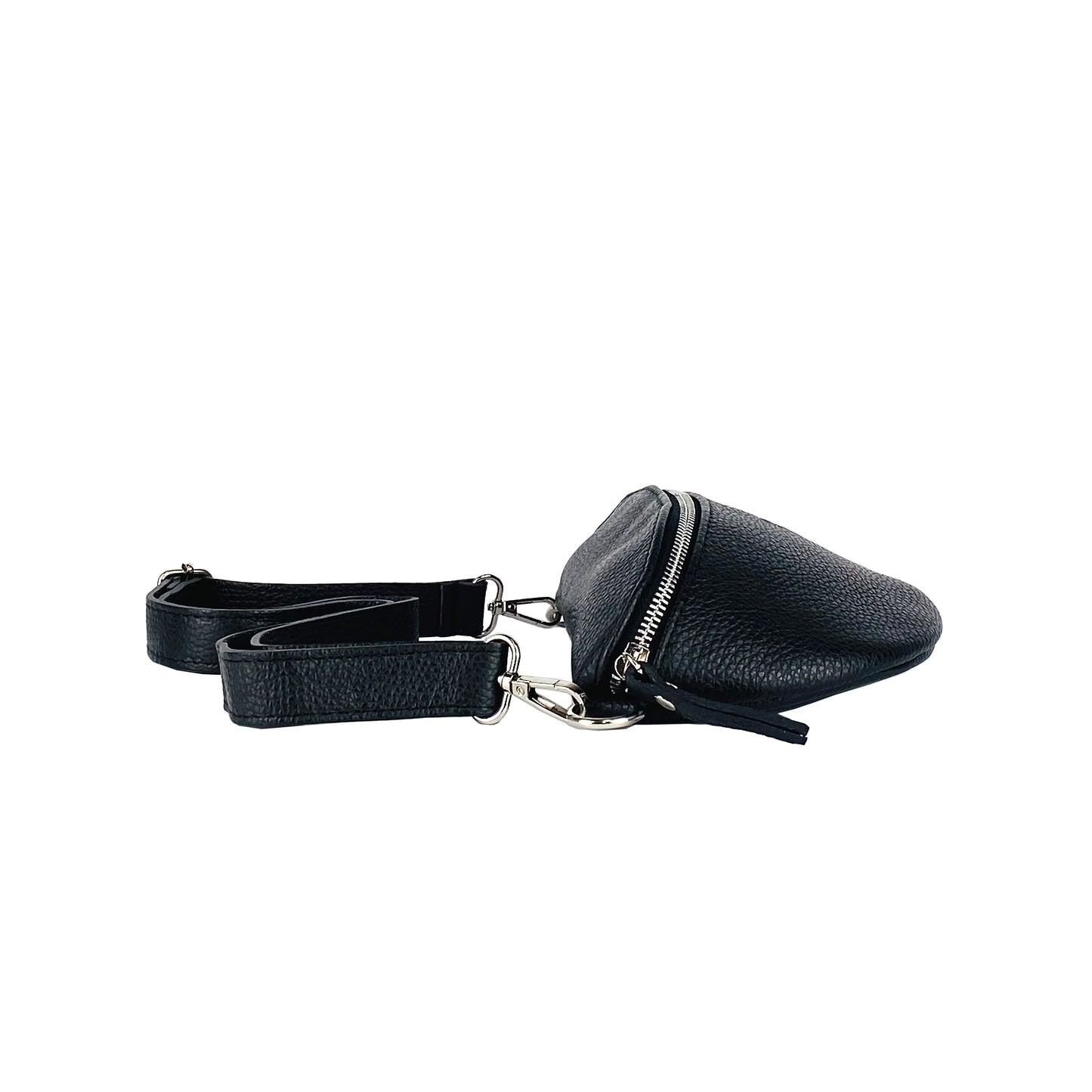 RB1015A | Waist bag with removable shoulder strap in Genuine Leather Made in Italy. Attachments with shiny nickel metal snap hooks - Black color - Dimensions: 24 x 14 x 7