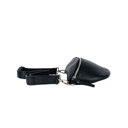 RB1015A | Waist bag with removable shoulder strap in Genuine Leather Made in Italy. Attachments with shiny nickel metal snap hooks - Black color - Dimensions: 24 x 14 x 7