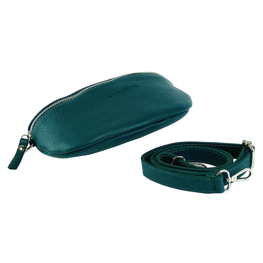 RB1015BZ | Waist bag with removable shoulder strap in Genuine Leather Made in Italy. Attachments with shiny nickel metal snap hooks - Teal color - Dimensions: 24 x 14 x 7