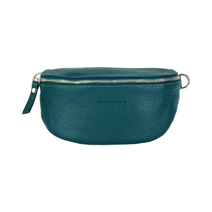 RB1015BZ | Waist bag with removable shoulder strap in Genuine Leather Made in Italy. Attachments with shiny nickel metal snap hooks - Teal color - Dimensions: 24 x 14 x 7