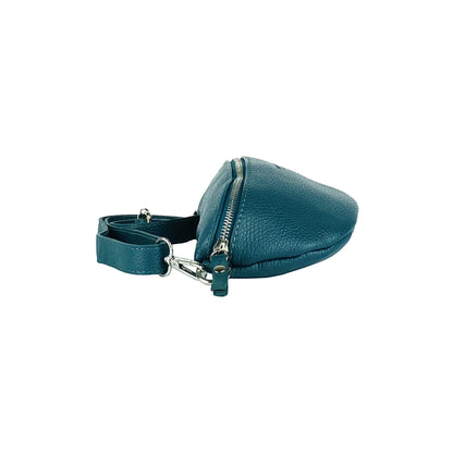 RB1015BZ | Waist bag with removable shoulder strap in Genuine Leather Made in Italy. Attachments with shiny nickel metal snap hooks - Teal color - Dimensions: 24 x 14 x 7