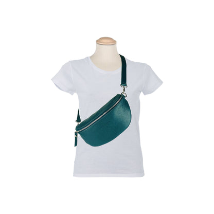 RB1015BZ | Waist bag with removable shoulder strap in Genuine Leather Made in Italy. Attachments with shiny nickel metal snap hooks - Teal color - Dimensions: 24 x 14 x 7