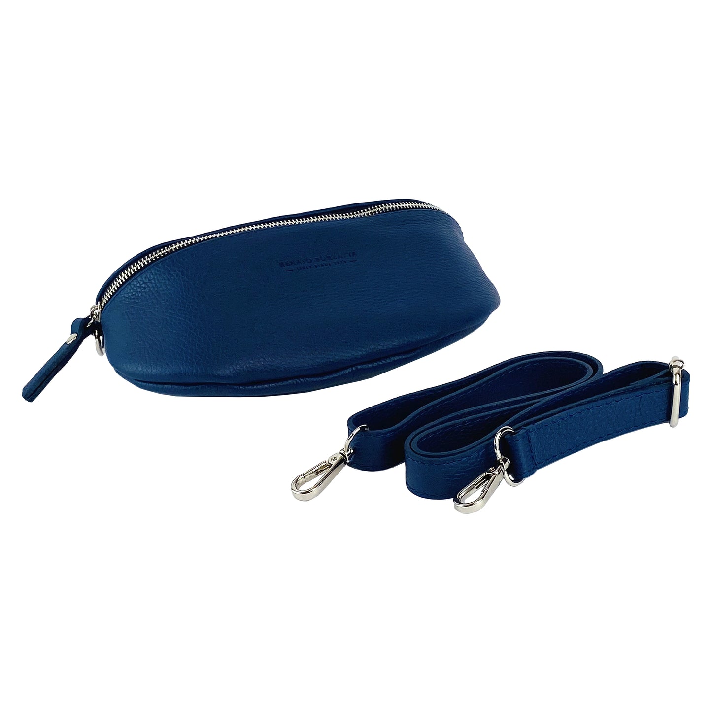 RB1015D | Waist bag with removable shoulder strap in Genuine Leather Made in Italy. Attachments with shiny nickel metal snap hooks - Blue color - Dimensions: 24 x 14 x 7