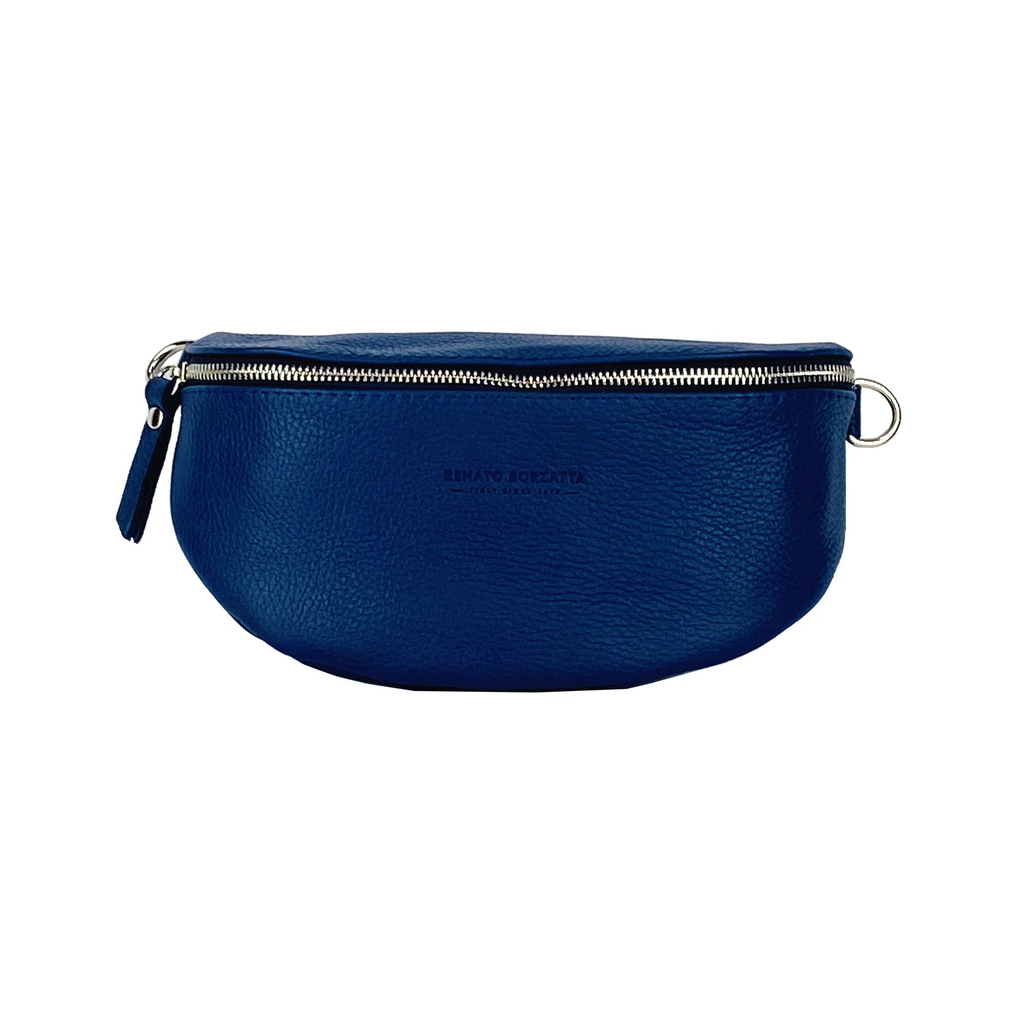 RB1015D | Waist bag with removable shoulder strap in Genuine Leather Made in Italy. Attachments with shiny nickel metal snap hooks - Blue color - Dimensions: 24 x 14 x 7