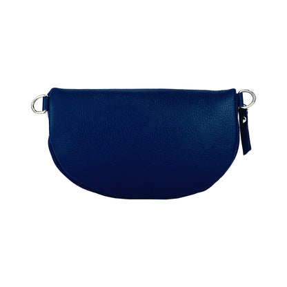 RB1015D | Waist bag with removable shoulder strap in Genuine Leather Made in Italy. Attachments with shiny nickel metal snap hooks - Blue color - Dimensions: 24 x 14 x 7