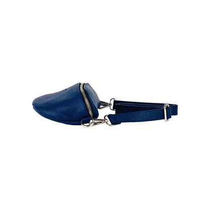 RB1015D | Waist bag with removable shoulder strap in Genuine Leather Made in Italy. Attachments with shiny nickel metal snap hooks - Blue color - Dimensions: 24 x 14 x 7