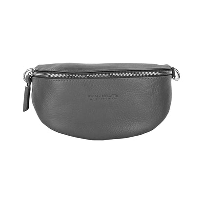 RB1015F | Waist bag with removable shoulder strap in Genuine Leather Made in Italy. Attachments with shiny nickel metal snap hooks - Gray color - Dimensions: 24 x 14 x 7