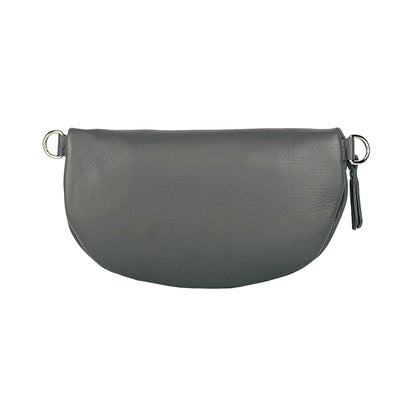 RB1015F | Waist bag with removable shoulder strap in Genuine Leather Made in Italy. Attachments with shiny nickel metal snap hooks - Gray color - Dimensions: 24 x 14 x 7