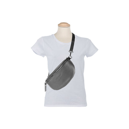 RB1015F | Waist bag with removable shoulder strap in Genuine Leather Made in Italy. Attachments with shiny nickel metal snap hooks - Gray color - Dimensions: 24 x 14 x 7