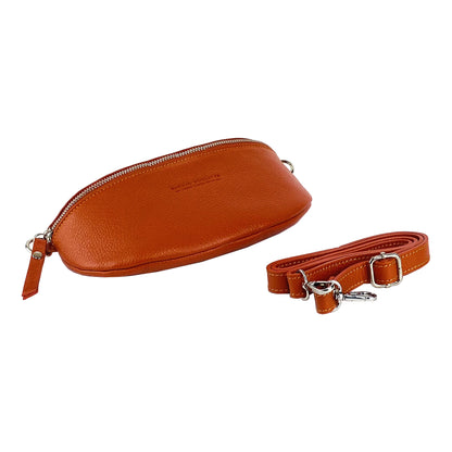 RB1015L | Waist bag with removable shoulder strap in Genuine Leather Made in Italy. Attachments with shiny nickel metal snap hooks - Orange color - Dimensions: 24 x 14 x 7