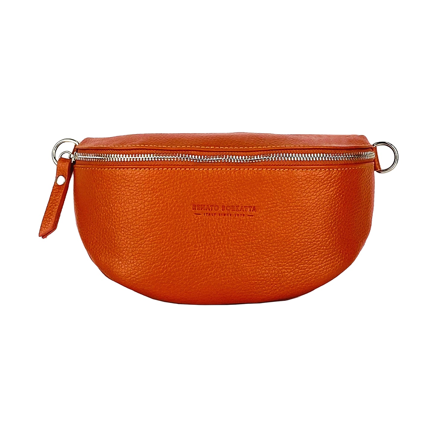 RB1015L | Waist bag with removable shoulder strap in Genuine Leather Made in Italy. Attachments with shiny nickel metal snap hooks - Orange color - Dimensions: 24 x 14 x 7