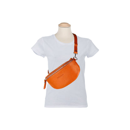 RB1015L | Waist bag with removable shoulder strap in Genuine Leather Made in Italy. Attachments with shiny nickel metal snap hooks - Orange color - Dimensions: 24 x 14 x 7