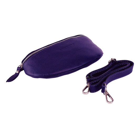 RB1015Y | Waist bag with removable shoulder strap in Genuine Leather Made in Italy. Attachments with shiny nickel metal snap hooks - Purple color - Dimensions: 24 x 14 x 7