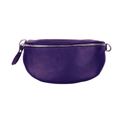 RB1015Y | Waist bag with removable shoulder strap in Genuine Leather Made in Italy. Attachments with shiny nickel metal snap hooks - Purple color - Dimensions: 24 x 14 x 7