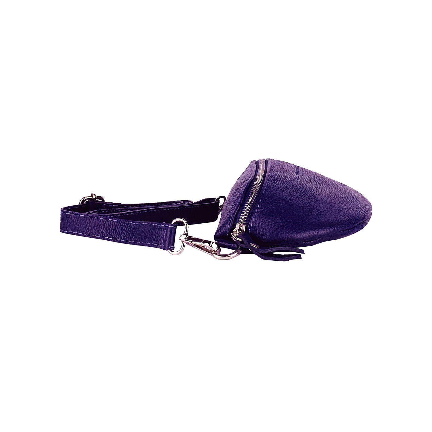 RB1015Y | Waist bag with removable shoulder strap in Genuine Leather Made in Italy. Attachments with shiny nickel metal snap hooks - Purple color - Dimensions: 24 x 14 x 7