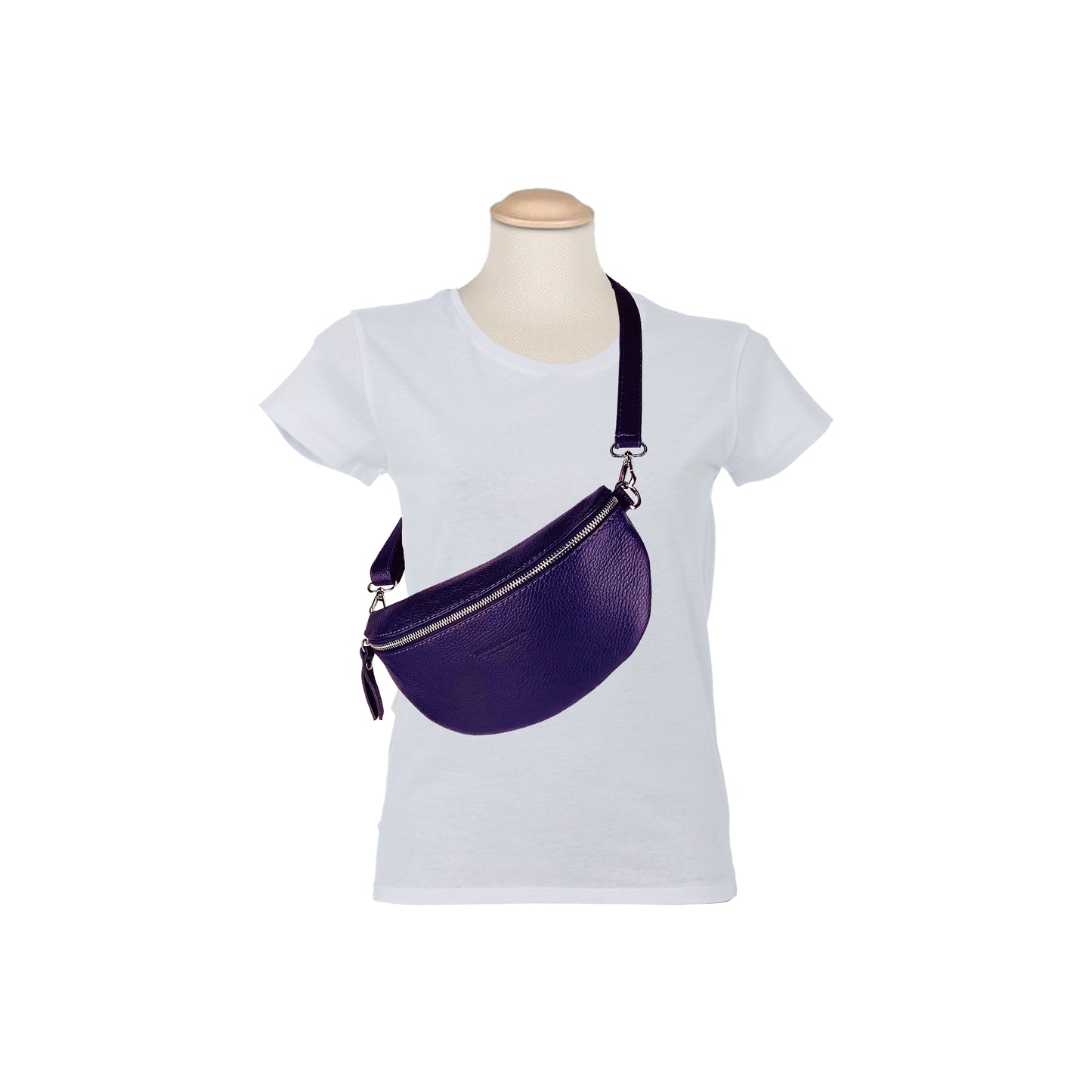 RB1015Y | Waist bag with removable shoulder strap in Genuine Leather Made in Italy. Attachments with shiny nickel metal snap hooks - Purple color - Dimensions: 24 x 14 x 7