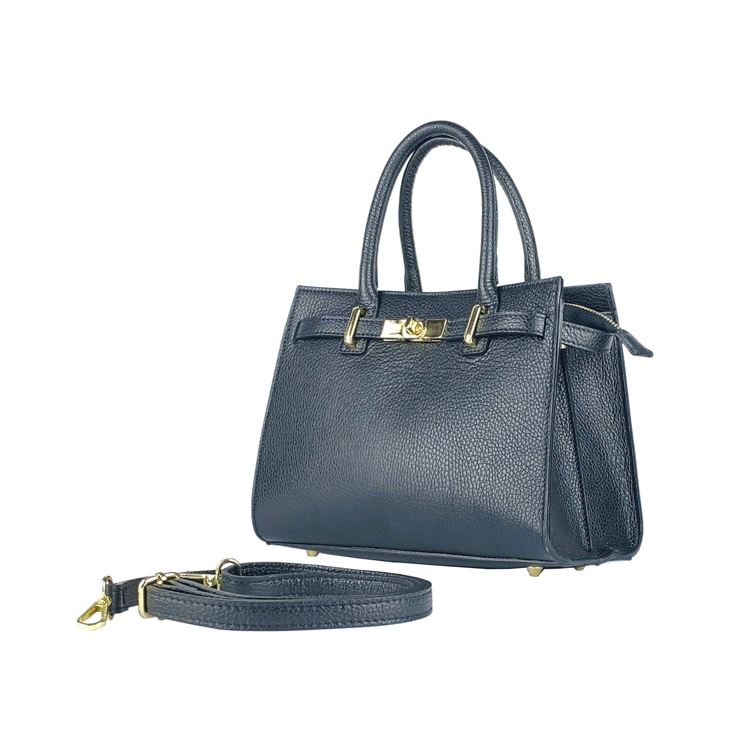 RB1016A | Women's handbag in genuine leather Made in Italy with removable shoulder strap. Attachments with shiny gold metal snap hooks - Black color - Dimensions: 28 x 20 x 14 + 12.5 cm